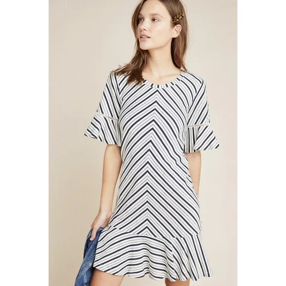 Anthropologie | Dresses | Maeve Anthropologie Galena Striped Flounce Tunic Tee  T Shirt Dress Xs Cream Navy | Poshmark